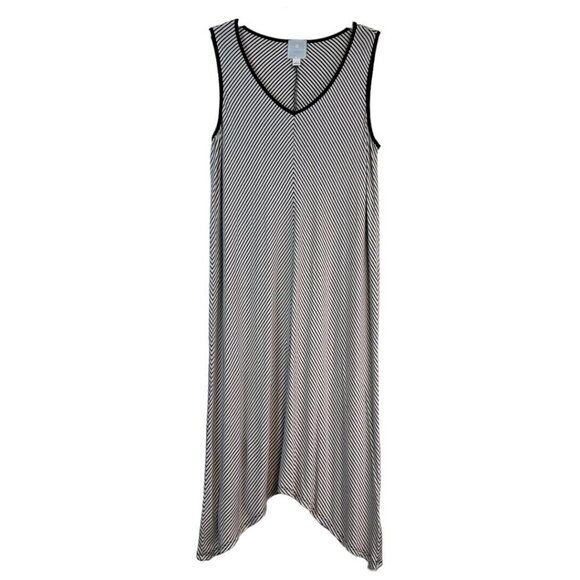 DB Sunday Womens Sleeveless Jersey Stretch Knit Dress Sz L Stripe Shark Bite Hem - Picture 1 of 9